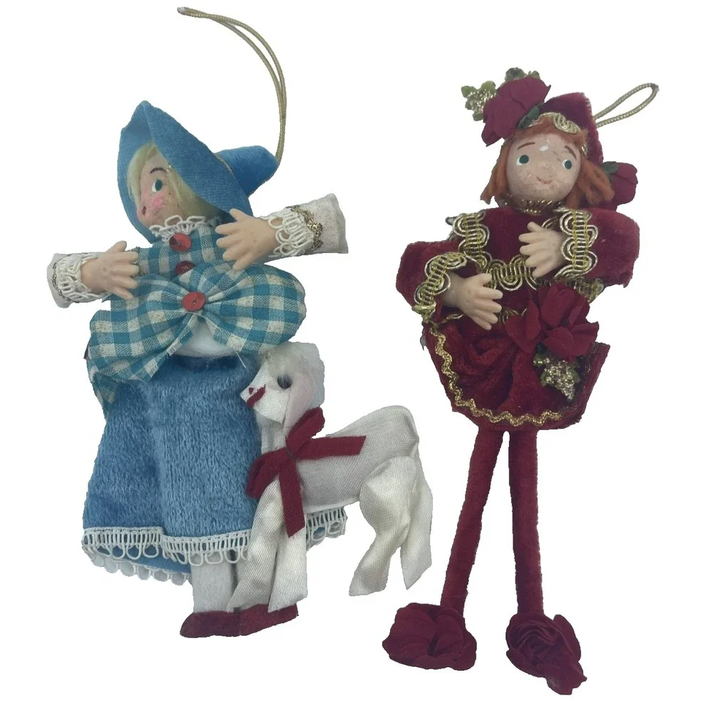 2 Vtg 50s Christmas‎ Ornaments Velvet Silk Celluloid Hands Bo Peep Drummer Boy